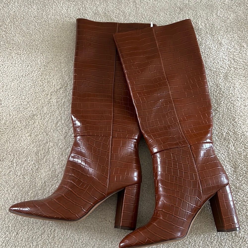 Faux leather croc knee high boots